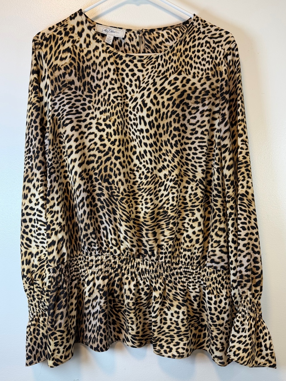 LIBBY EDELMAN Leopard Print Peplum Top Long Sleeve Blouse Women’s XL